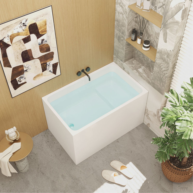 Baignoire autoportante en acrylique de 43 po avec siège: forme rectangulaire spacieuse, finition blanc brillant, trop-plein chromé et bonde escamotable