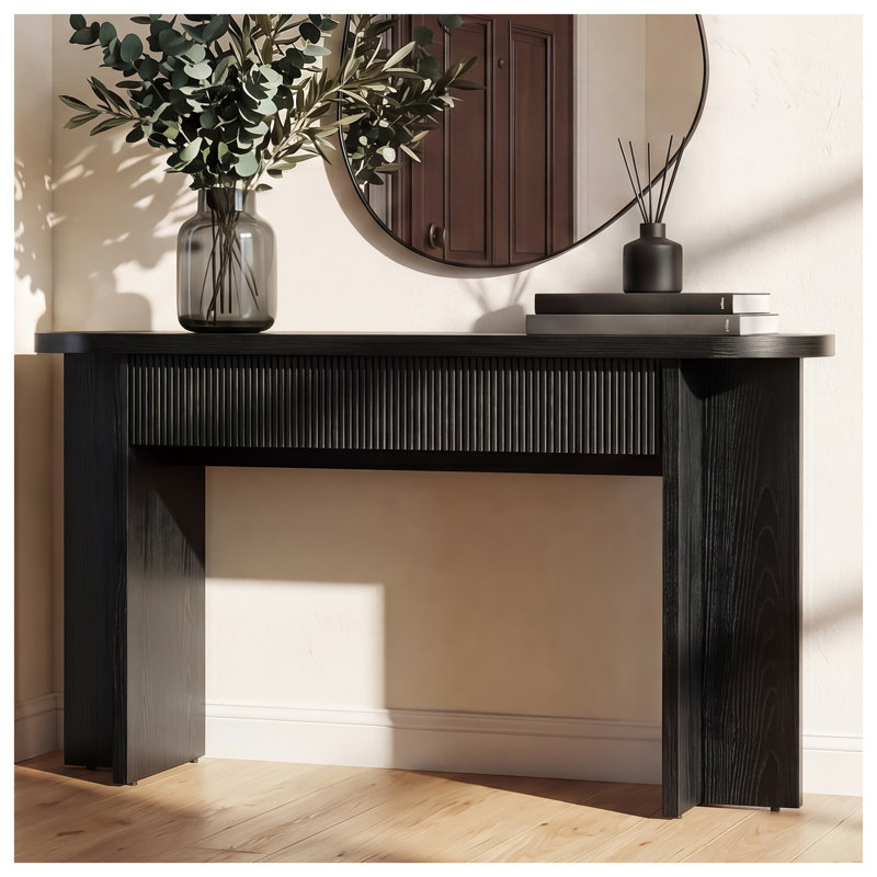 OMCHOM Console de 55 pouces avec 2 tiroirs, Mid-Century moderne avec entrée cannelée, Noir, Noir, Noir