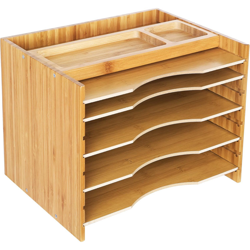 Natural Bamboo Adjustable 5-Tier File Organizer with Top Compartments
