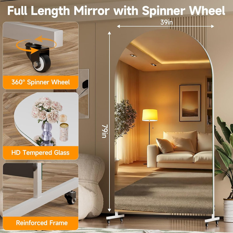 Home Gym Arched Mirror 360° Swivel on Wheels,Extra Large Full Body Rolling Mirror, Tempered Glass Easy to Move Full Length Mirror for Yoga Studio, Bedroom, Dancing Studio 3-Year Warranty