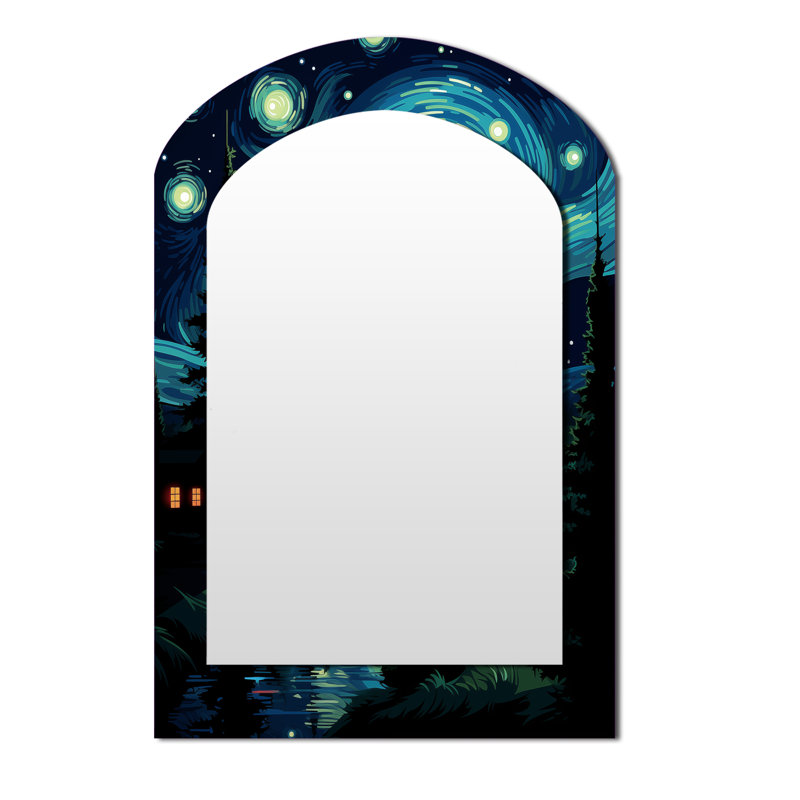 Usa River Forest Van Gogh Style - Aurora Borealis Arch Unique Wall Mirror Decor, Green Asymmetrical Large Mirror, Printed Metal Art