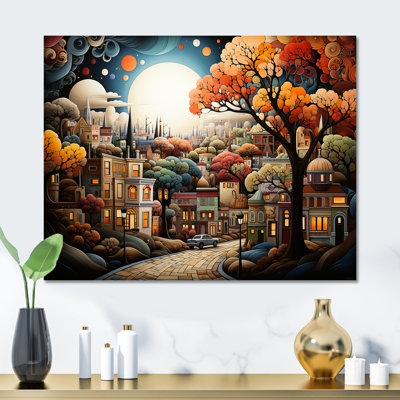 Cozy Village In Autumn Moonlit II - City Art Deco Metal Wall Art