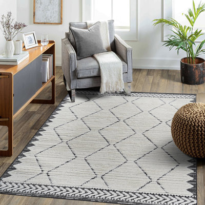 Tapis d'intérieur crème / anthracite à treillis haut et bas Step Collection, 5 pi 3 po x 7 pi 6 po, moderne, contemporain, géométrique, bohémien, chambre à coucher, cuisine, salon, tapis sans perte de poils