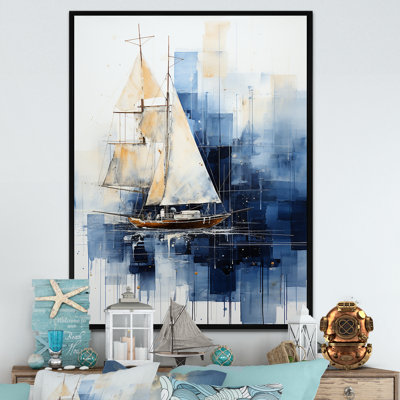 Art mural bleu et blanc à géométrie nautique - Minimalisme côtier