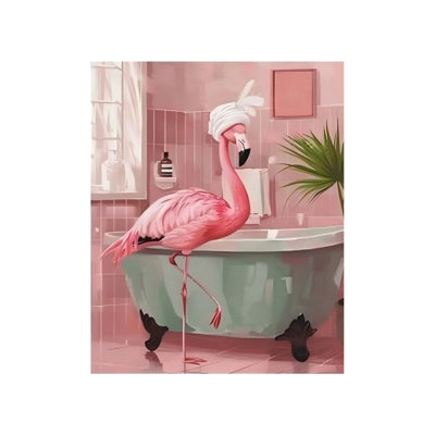 Pink Flamingo In Bathtub Unframed Canvas Wall Art 16" X 20"