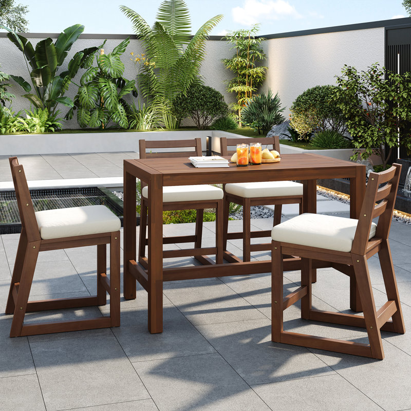 Ensemble de bar extérieur 5 pièces avec chaises ergonomiques en bois massif, utilisable en toutes saisons, coussins résistants aux égratignures, facile à nettoyer