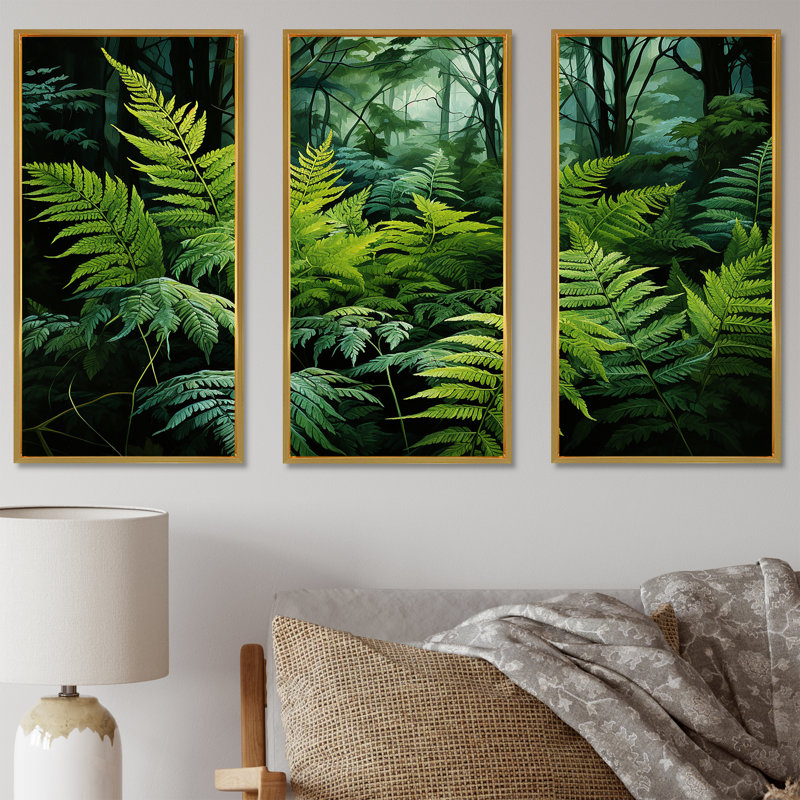 Ensemble de salon Emerald Green Ferns Forest V - Plants, Cadre flottant doré, H 28 po x l 36 po x P 1 po