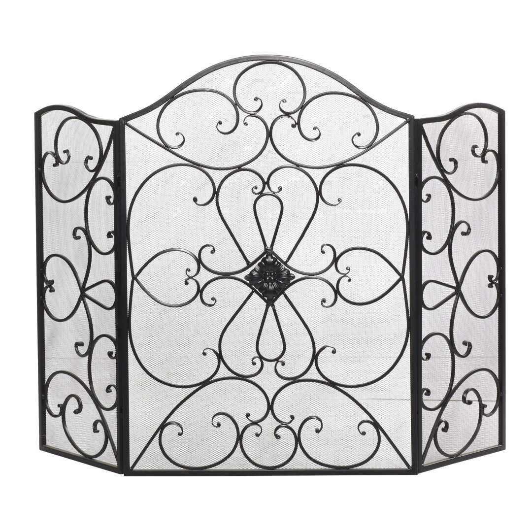 Bratches Black Metal Foldable 3 Panel Scroll Fireplace Screen with Mesh Netting Ophelia & Co.