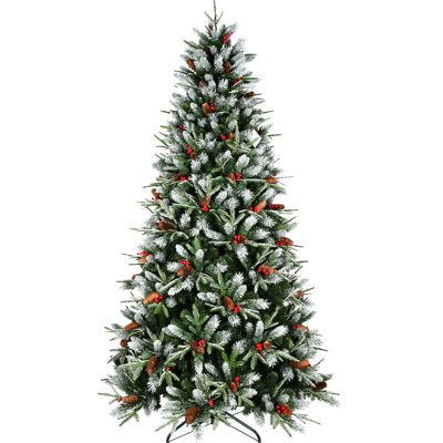 Christmas Tree 6ft Tall, 1593 Tips, Decorated With Red Berries And Pine , Snow - Dusted Pe+ Branches, Hinged Construction For Quick Easy Assembly, Metal Stand In Size, Tipped Branches Wintry Vibe,