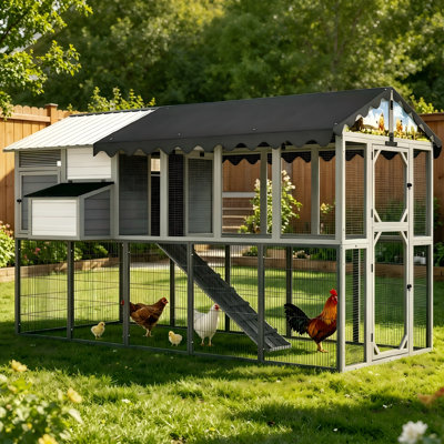 Grand poulailler avec nichoir, perchoirs et housse imperméable pour la cour, en bois et en métal, gris