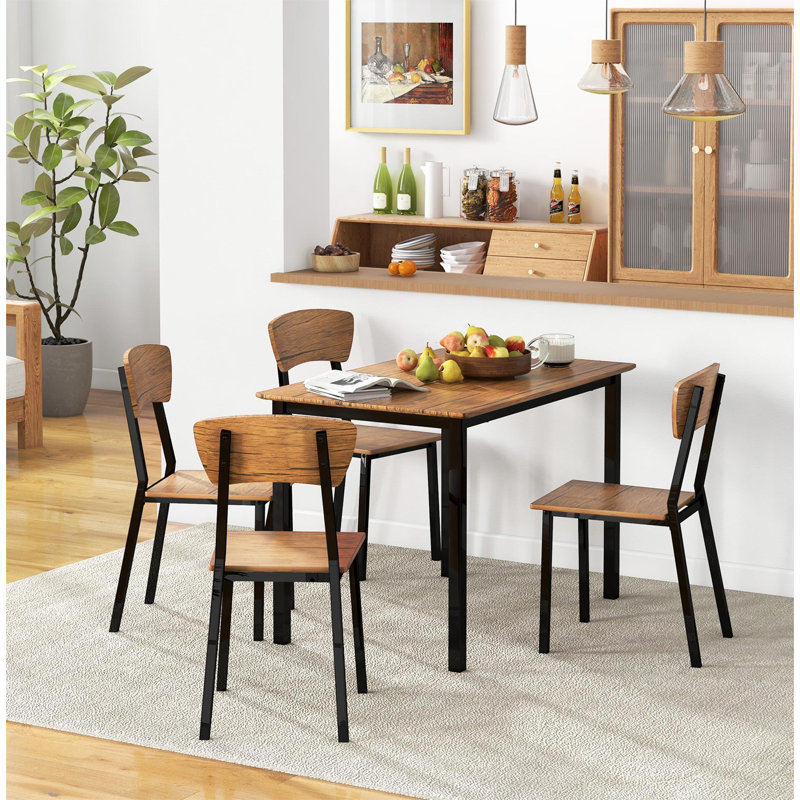 Industrial 5-Piece Dining Set with Dark Walnut MDF and Steel