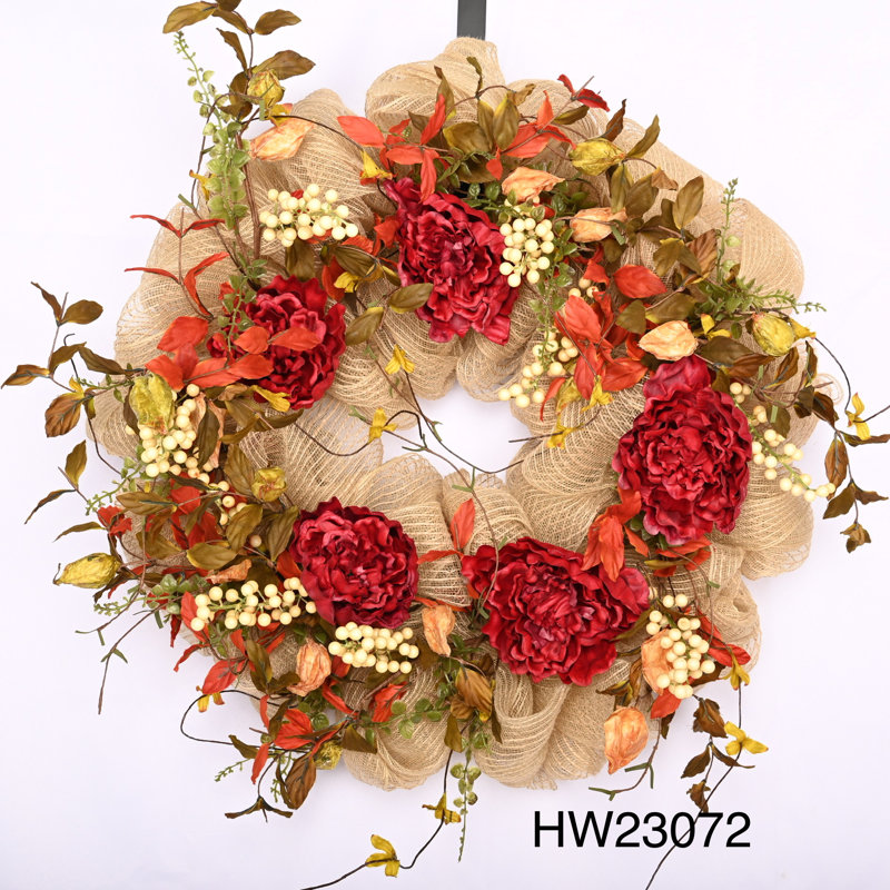 Couronne de pivoines 26 po Faux Thanksgiving, Rouge