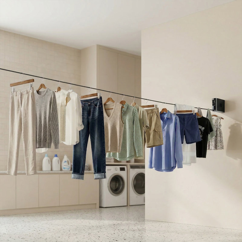 Corde à linge rétractable à sangle plate avec 34 trous de suspension - solution de séchage murale coupe-vent, conception pliable à 180 °