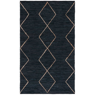 Anaisa Vintage Leather Hand Woven Leather/Jute/Cotton Geometric Rug in Black/Natural