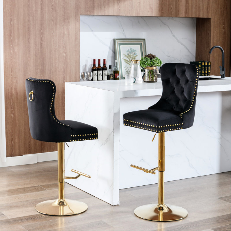 Tabourets de bar réglables en velours noir - Confortable pour la maison et la cuisine de 2 personnes avec siège, Doré, Noir