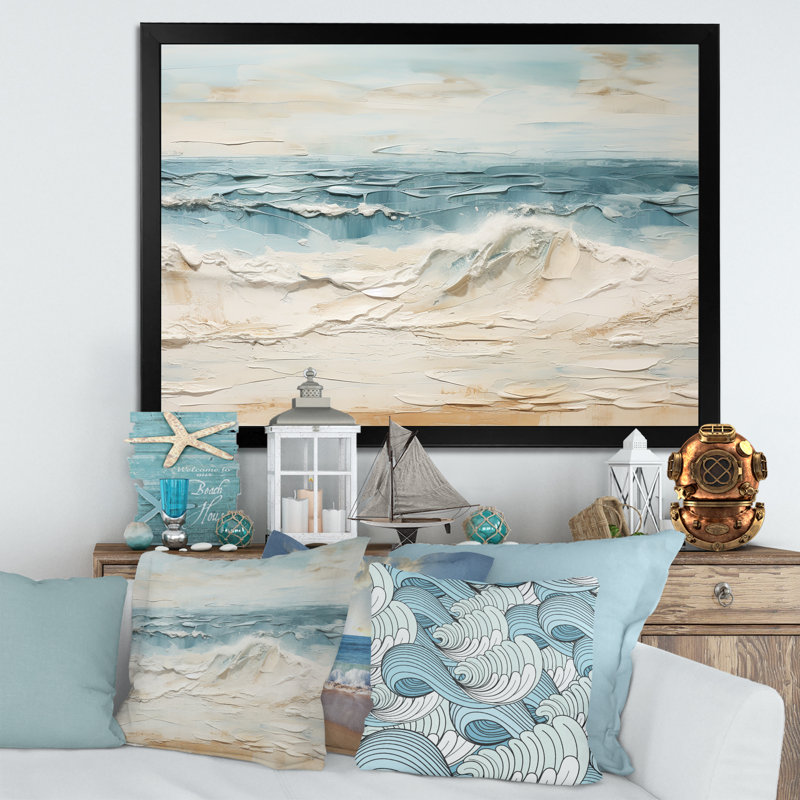 «Beige et bleu plage tranquille» sur toile, H 24 po x l 32 po x P 1 po, Cadre photo noir