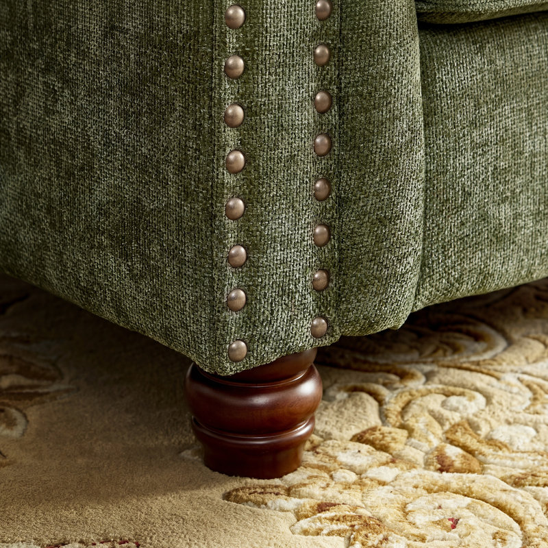 Fauteuil Chesterfield Perry en chenille, canapé moderne de style campagnard avec accoudoirs arrondis et garniture cloutée