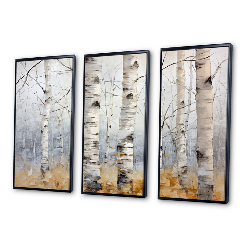 Minimalisme arbre Birchs Breath III - ensemble d'art mural arbre bouleau, Cadre flottant noir, H 32 po x l 48 po x P 1 po