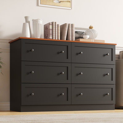 Commode 6 tiroirs, commode moderne de 47 po de largeur, meuble de rangement pour meuble télé Farmhouse, rangement de tiroir en bois pour chambre à coucher, salon, couloir, noir