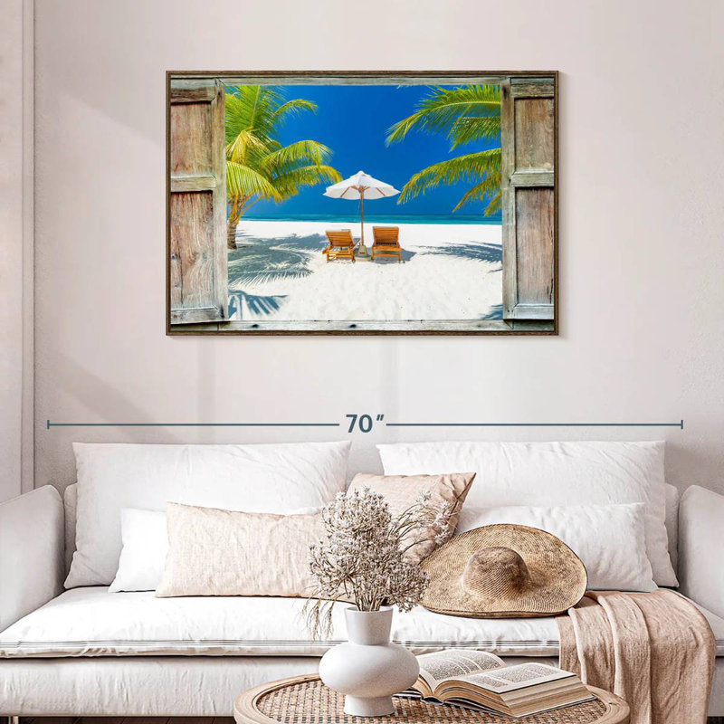 Fenêtre sur la côte des Maldives, 43 po x 29 po, Cadre flottant en noyer