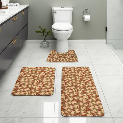  Mushroom Bathroom Rug Set 3 Pieces U-Shape & Rectangle Mats Beige Brown Cocoa