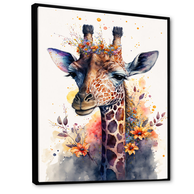 «Cute Giraffe Floral Art I», peinture sur toile, H 32 po x l 24 po x P 1 po, Toile avec cadre flottant noir