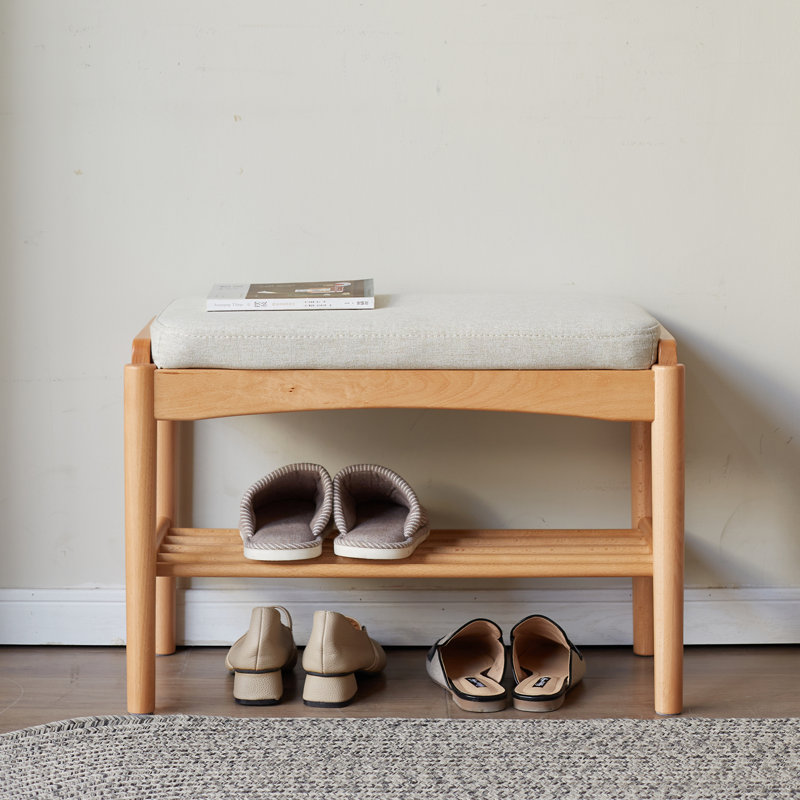 Banc à chaussures en bois massif naturel avec coussin éponge à rebond élevé, gris