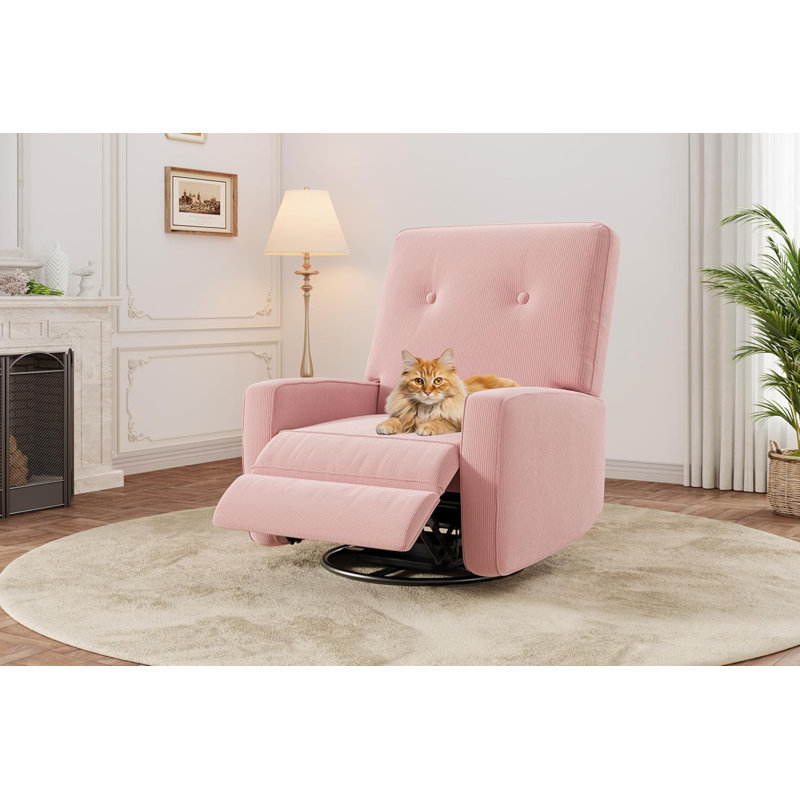 Oversized Swivel Rocker Recliner Chair, 360° Glider Recliner for Adults, Linen Upholstered Chair for Living Room, Pink