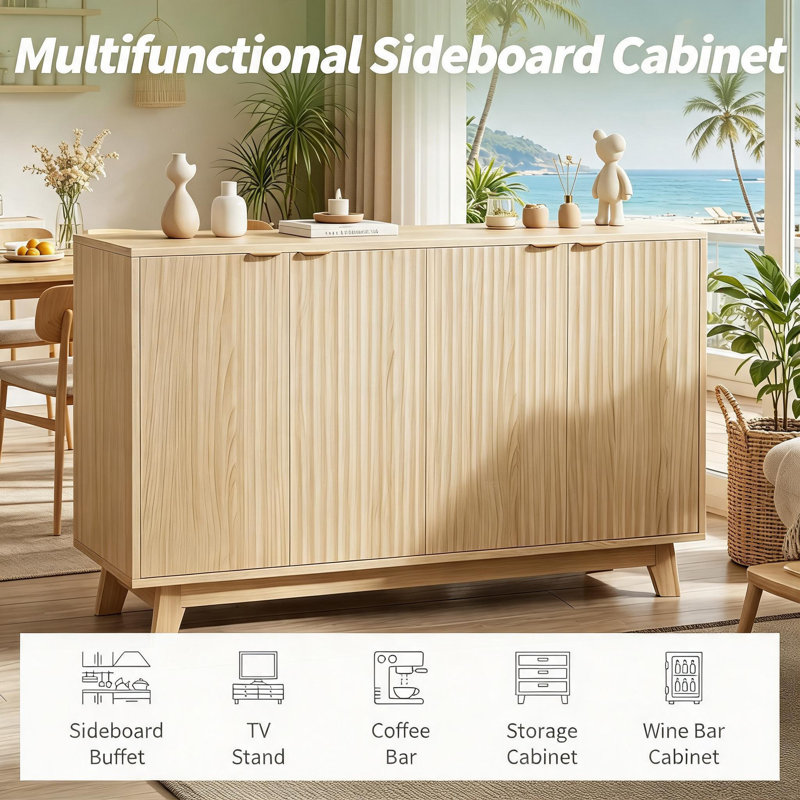 Buffet Buffet avec rangement, crédence d'appoint cannelée moderne avec portes et tablettes réglables, console de bar café en bois de 55,1 po pour le salon, la salle à manger, la cuisine et le vestibule.