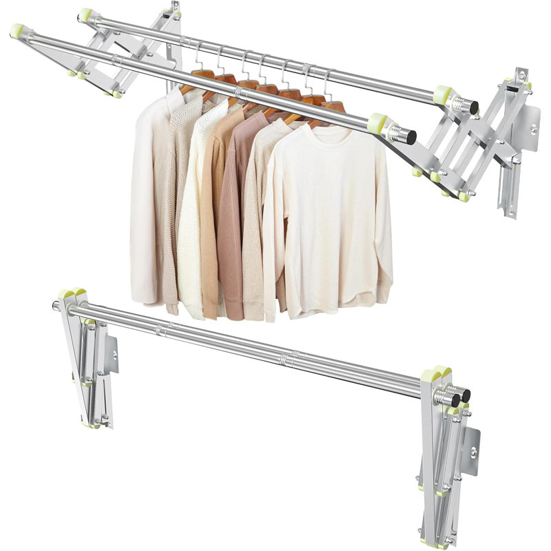 Foldable Wall Mounted Clothes Rack- Double 44'' Long Rod & 2 Thick Bases