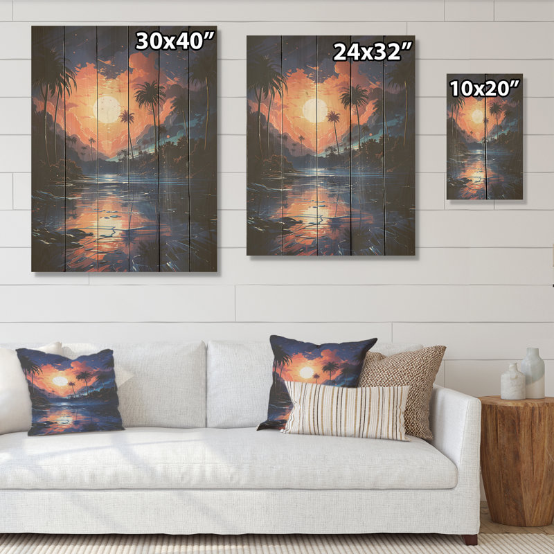 «Moonlight Sapphire Solitude Palms» - palmiers et palmiers, art sur bois de pin naturel, H 20 po x l 10 po