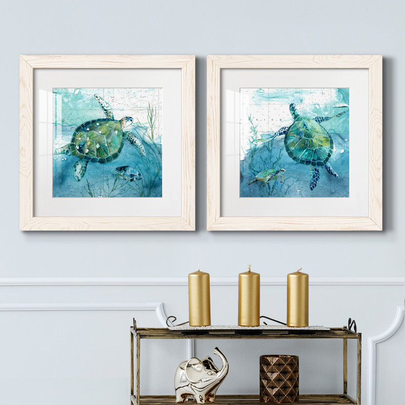 «Island Swim I», ensemble de 2 peintures, H 24 po x l 48 po, Papier dans un cadre photo, Blanc
