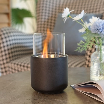 Tabletop Fireplace, Mini Concrete Ethanol Fire Bowl With Lid, Burns Up With Liquid Alcohol And Solid Tablet Alcohol