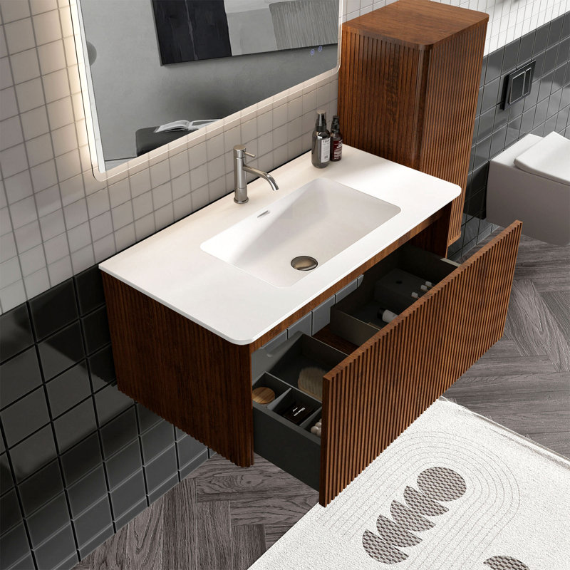 Meuble-lavabo mural simple avec comptoir avec trop-plein 36 po Hannemarie, Noyer, 36", Matte White
