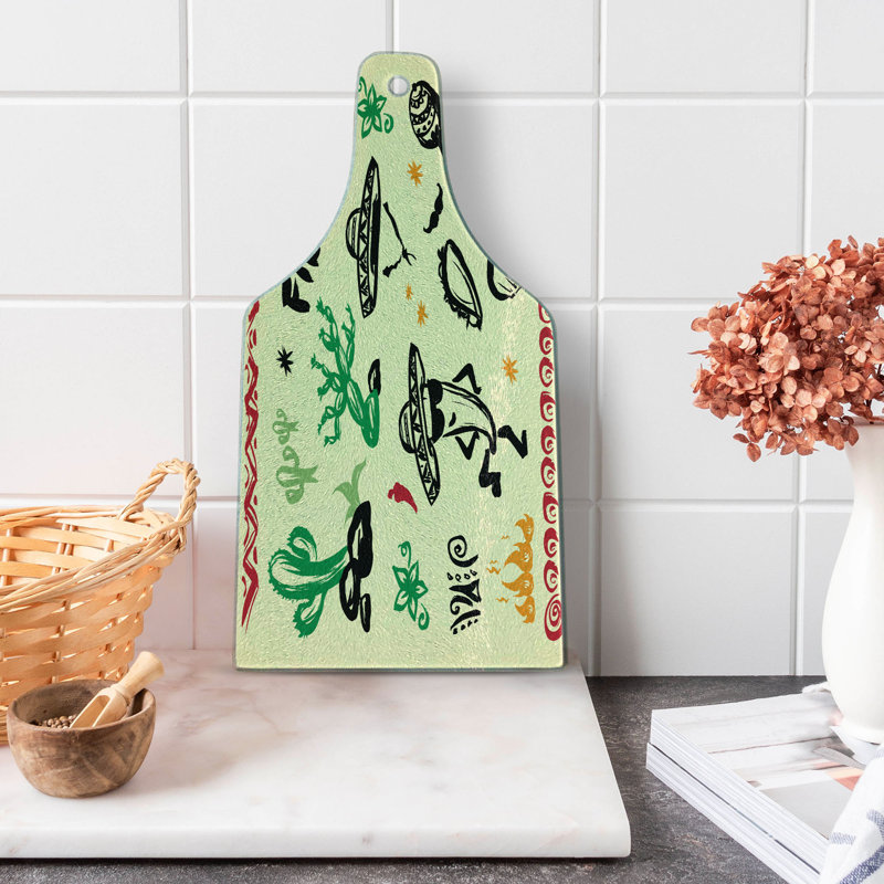 Fiesta Multicolor Tempered Glass Cutting Board with Guitar and Taco Design