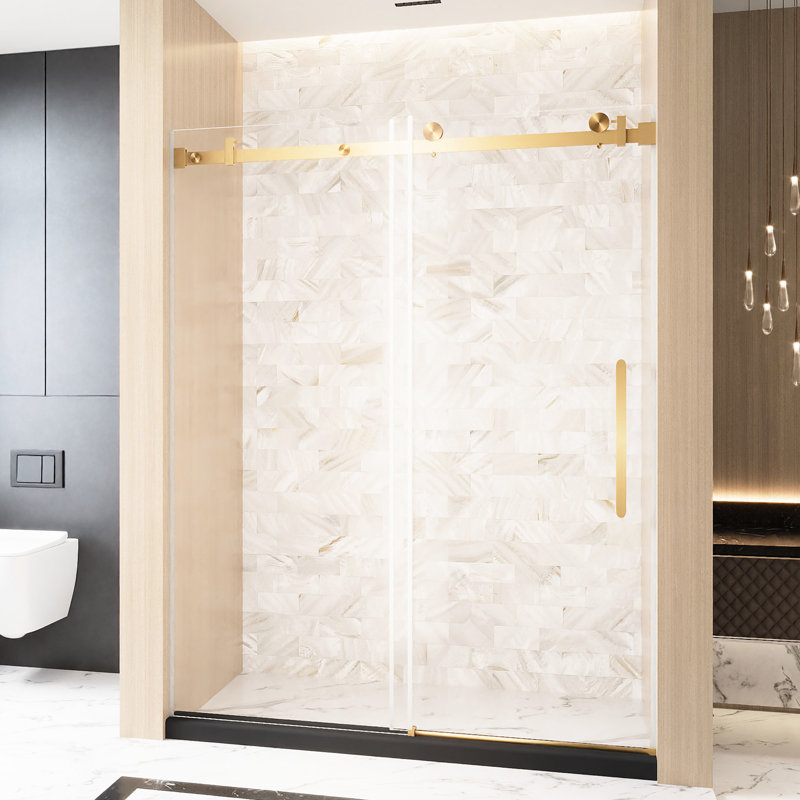 56 - 60 "W X 76" H Bathroom Single Sliding Shower Door, 6 Mm Clear Tempered Glass, Film, Stainless Steel Square Tube Track, Brushed Gold Handle, 4.8Cm Wheels For Long Lasting And Quiet Sliding,