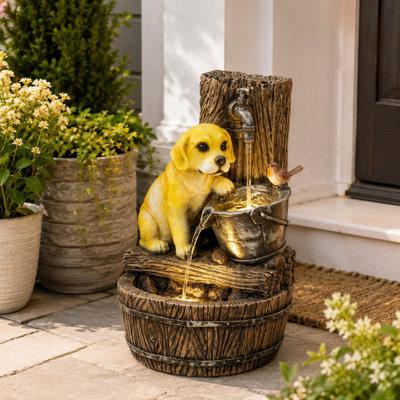 Puppy Theme Outdoor Garden Fountain, LED Lights and Adjustable Water Flow