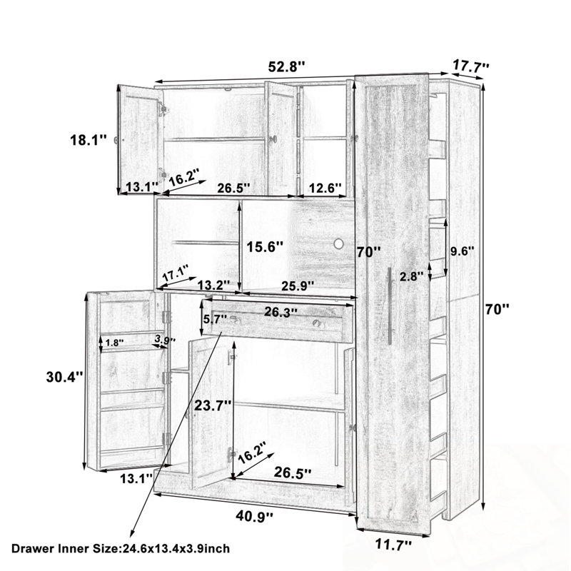 Garde-manger avec armoire latérale coulissante, tablettes de porte et tiroir, Brun