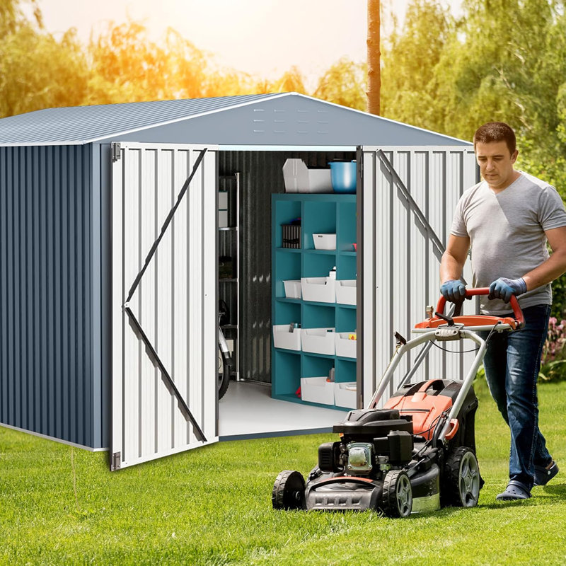 Grande remise extérieure en métal 8 x 12 pi avec cadre robuste et porte verrouillable pour outils de jardin et de cour, Gris