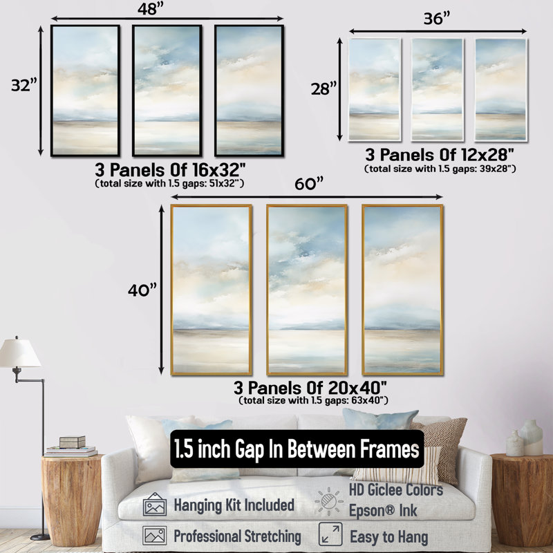 Minimalisme, ciel nuageux paysage IV - ensemble d'art sur toile ciel, Cadre flottant blanc, H 32 po x l 48 po x P 1 po
