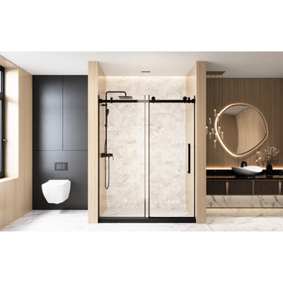 Single Sliding Shower Door In Matte Black, 56 - 60 "w X 76" H, 1/4 "(6 Mm) Clear Tempered Glass With Proof Film, Stainless Steel Handle And Square Tube Track For Bathroom H Door, Glass, Handle,
