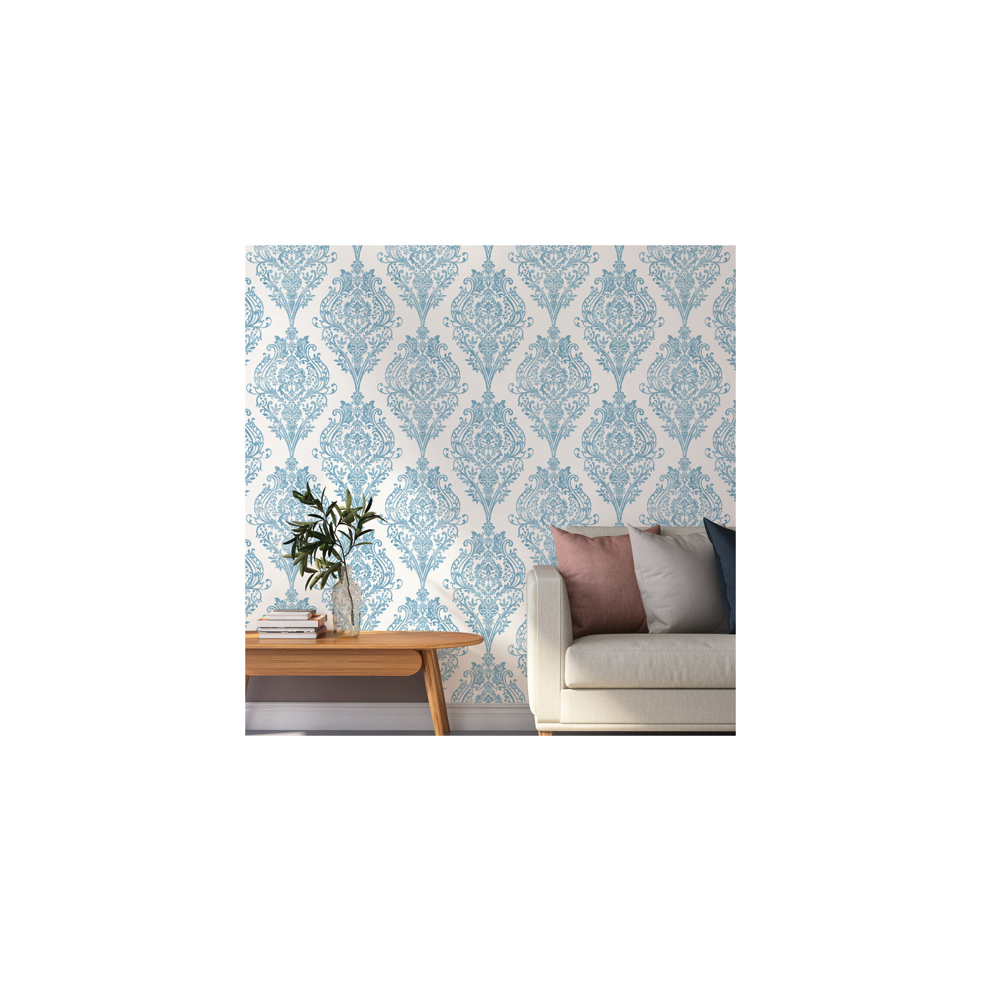 Kwon Damask Wallpaper, Coastal Blue