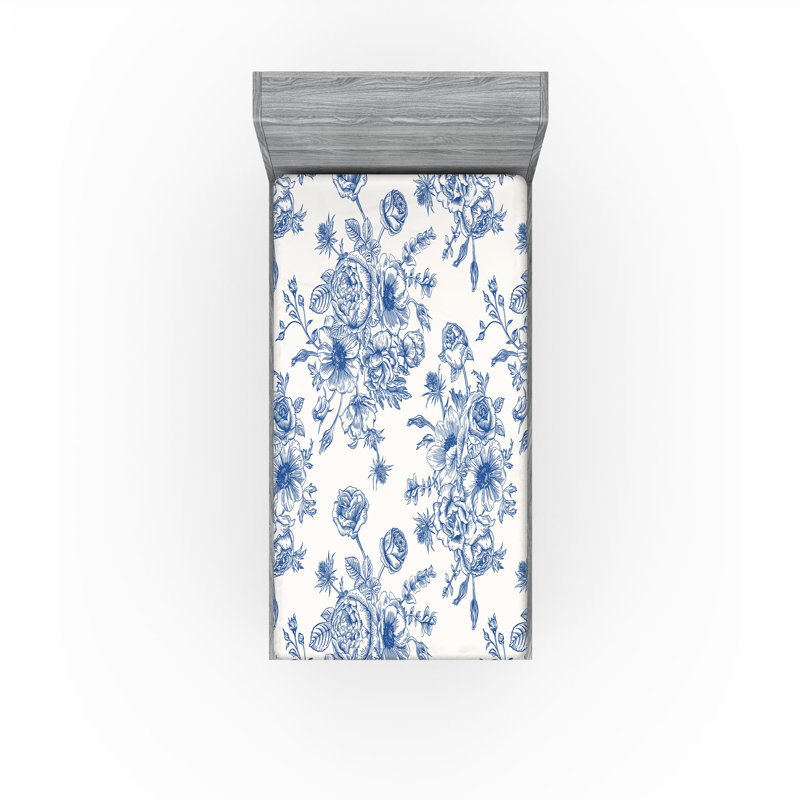 Drap-housse orange Ambesonne, Drap-housse pour lit simple TG, Bleu nuit / floral blanc