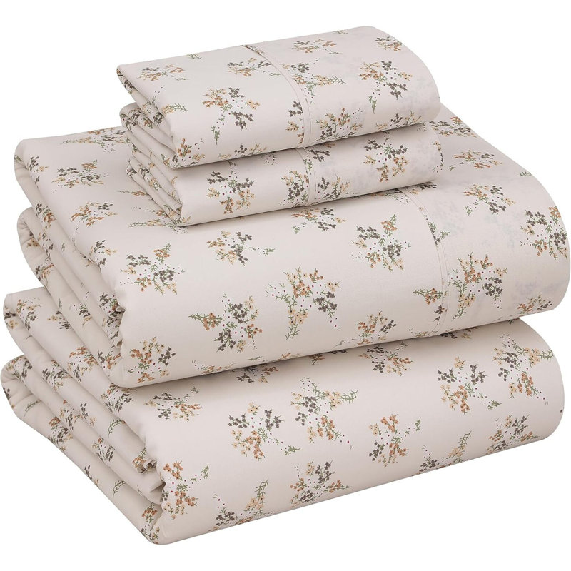 Floral Patterned Combed Cotton Four-Piece Bedding Set, Large Size, Cool, Soft, And Durable, With 16-Inch Deep Pockets, Fits A Single Spring Mattress.