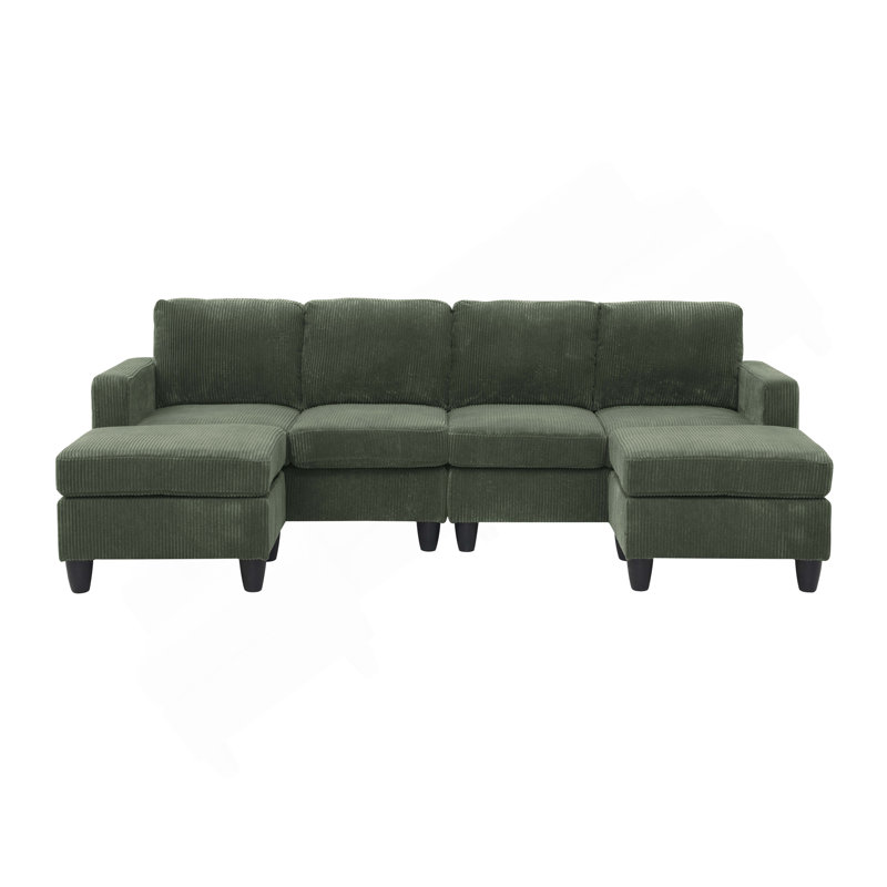 Canapé modulaire en velours côtelé avec repose-pieds Savannah, Vert