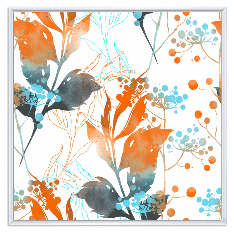 Boho orange et feuilles bleues - reproduction d'art sur toile traditionnelle, H 30 po x l 30 po x P 1 po