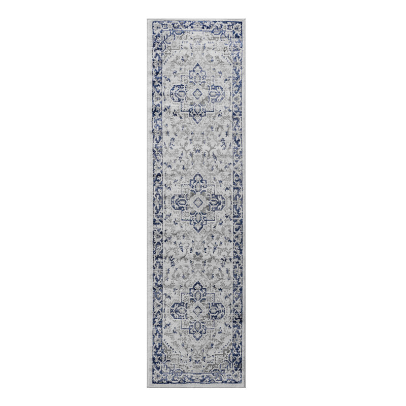 Tapis bleu / gris / oriental, Tapis de couloir 2 pi 2 po x 8 pi
