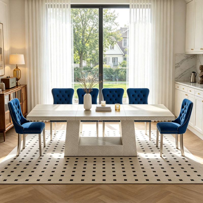 Ensemble de salle à manger extensible 160-240 cm pour 10 personnes avec piétement trapézoïdal en bois, plateau extensible, 6 à 10 couverts, design martelé, style moderne du milieu du siècle, ensemble de cuisine rectangulaire 11 pièces en bois, chaises recouvertes de velours