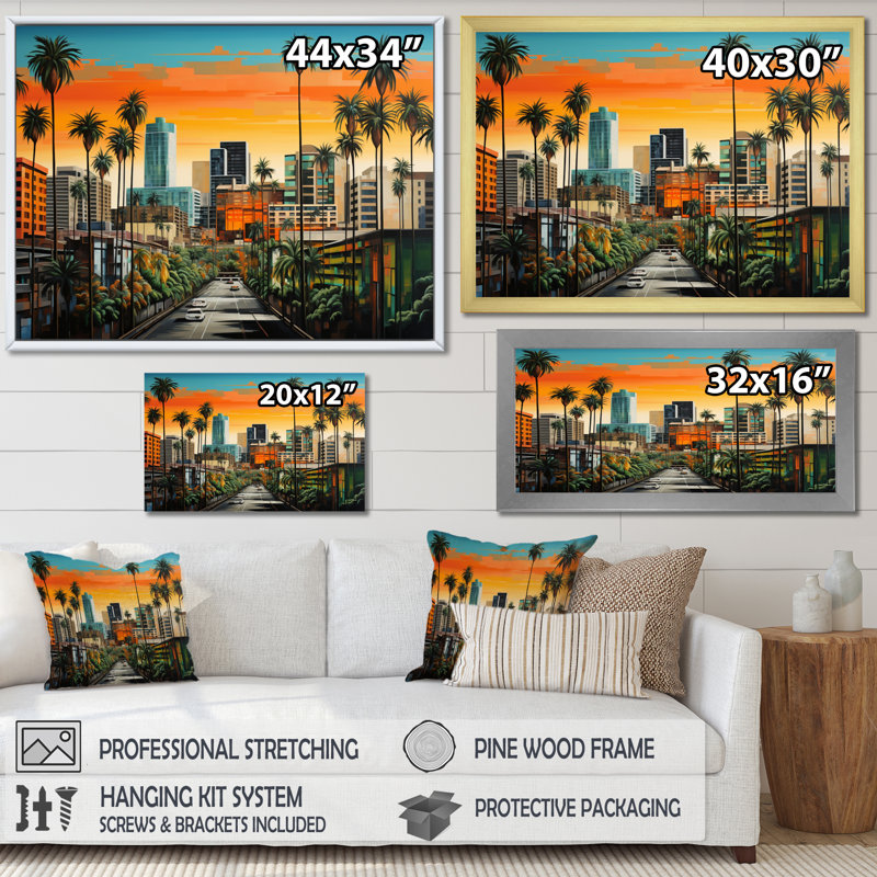 Palmiers oranges à Miami II - impression, Encadrement doré, H 24 po x l 32 po x P 1 po