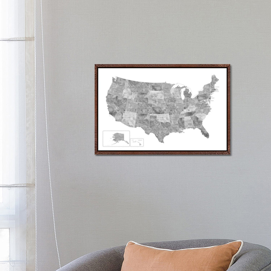 Gray Watercolor Map Of The Usa With States And State Capitals by Blursbyai - Gallery-Wrapped Canvas Giclée on Canvas